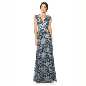 Tadashi Shoji Sona Embroidered Peony Motif Tulle Contrast Gown in Navy & White